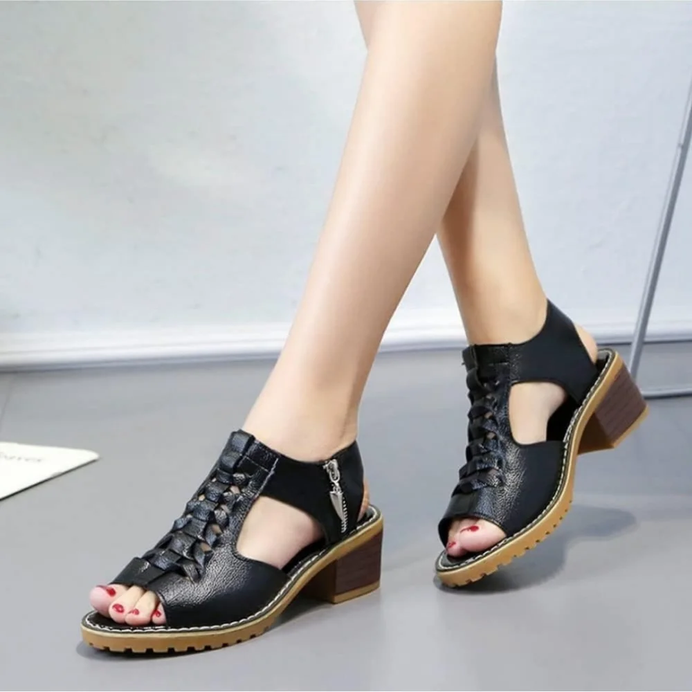 Black Leather Lace-Up Sandals with Perforated Design - Picture 3 of 6